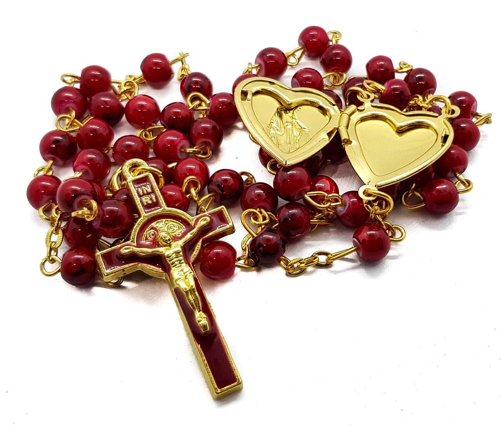 Saint Benedict Rosary Red Glass Beads St San Benito Cross Nr Medal Catholic Necklace