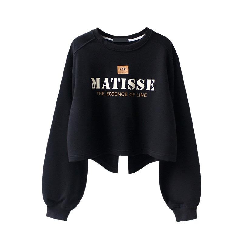 Women's 2023 Spring/Autumn Thin Loose Round Neck High Waist Short Sweatshirt with Back Slit