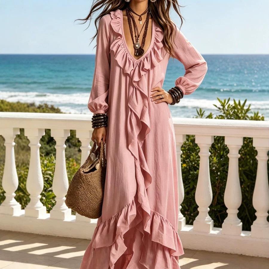 European and American casual bohemian urban V-neck long-sleeved ruffle edge retro long-sleeved dress