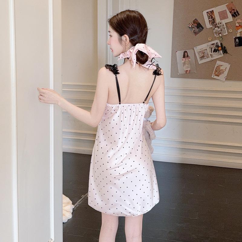 Internet Celebrity Sweet Ice Silk Nightdress Women's Summer Love Bubble Pink Polka Dot Suspender Skirt Thin Loungewear with Chest Pad
