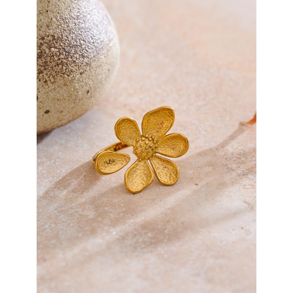 Yhpup Adjustable Stainless Steel Flower Golden Cast Ring Tarnish Resistant Metal Fashion Daily Versatile Finger Jewelry New