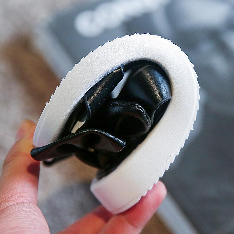 Solid Black Kids Fashion Bow Princess Shoes 2024 Summer New Britain Style Children Flat Open-toe Casual Girls PU Thick Bottom