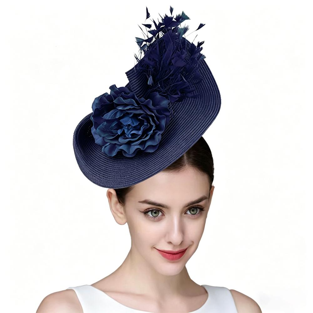 

New Exaggerated Feather Fascinator Hat Straw Handmade Tea Party Kentucky Hat Flower Headpiece Women Fascinator Derby Pillbox Hat темно-синього кольору