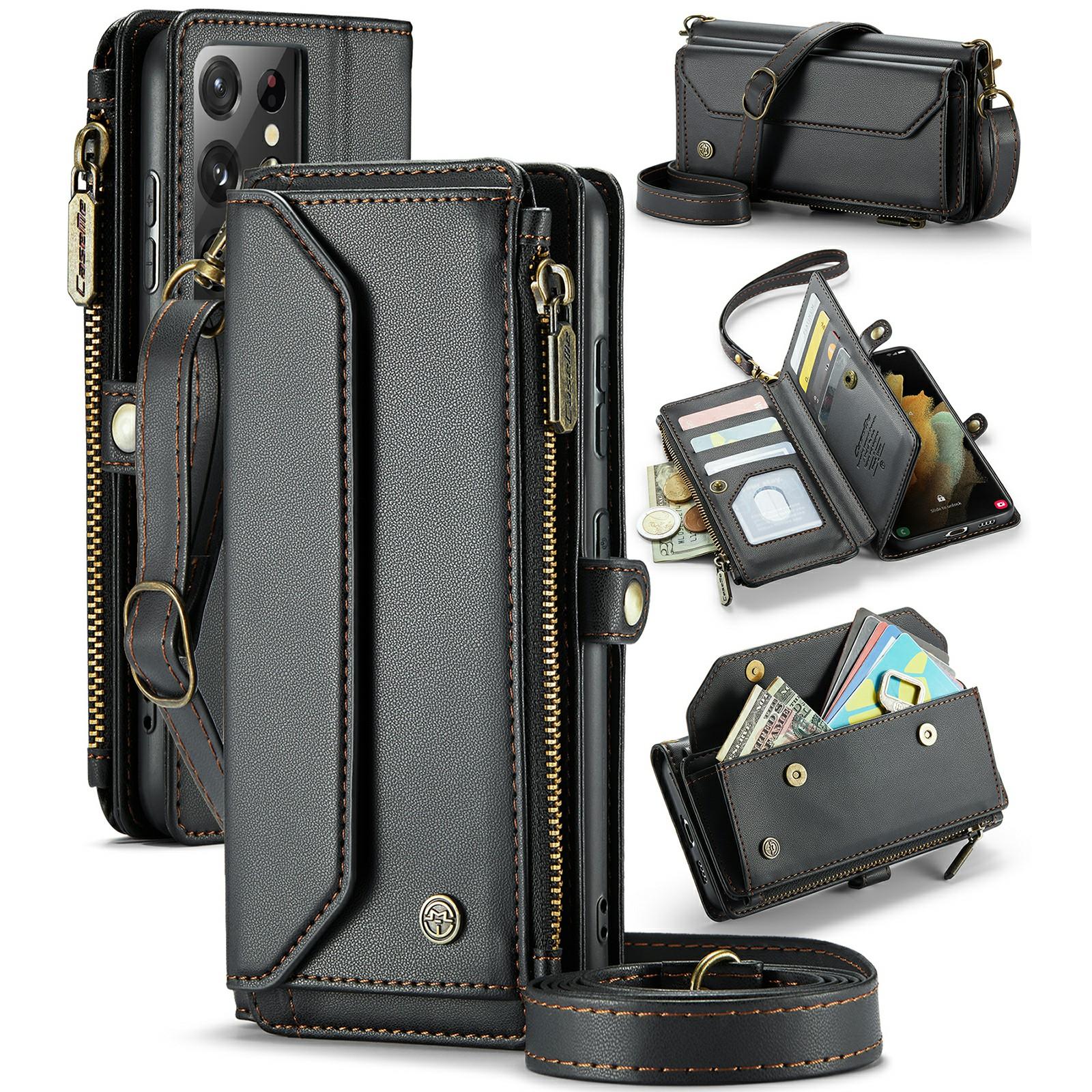 

For Samsung Galaxy S21 Ultra 5G Leather Case CASEME C36 Zipper Multiple Card Slots Phone Cover with Straps Black