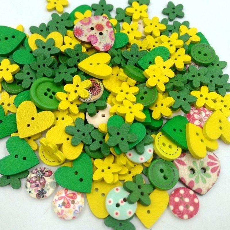 100Pcs/Bag Mix Shape Round Flower Wooden Buttons Lovely Sewing Wood Decorative Button for DIY Craft Clothes Accessories