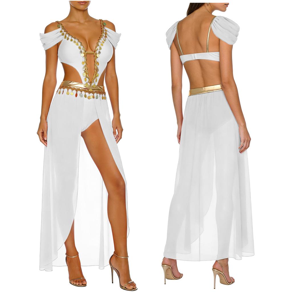 Ladies India Dance Costume S-3XL Sequin Tassel Bodysuit Dress V Neck Cutout Open Front Chiffon Hem with Built-in Shorts for Belly Dance
