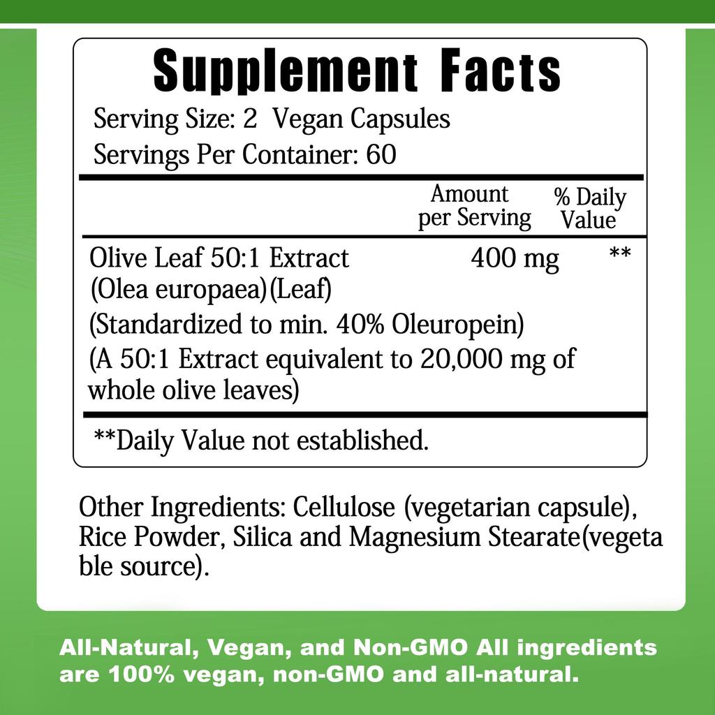 Estratto di Foglie d'Olivo Extra Forte, ogni porzione contiene 20.000 mg di oleuropeina, 40% oleuropeina, 100% Vegano.