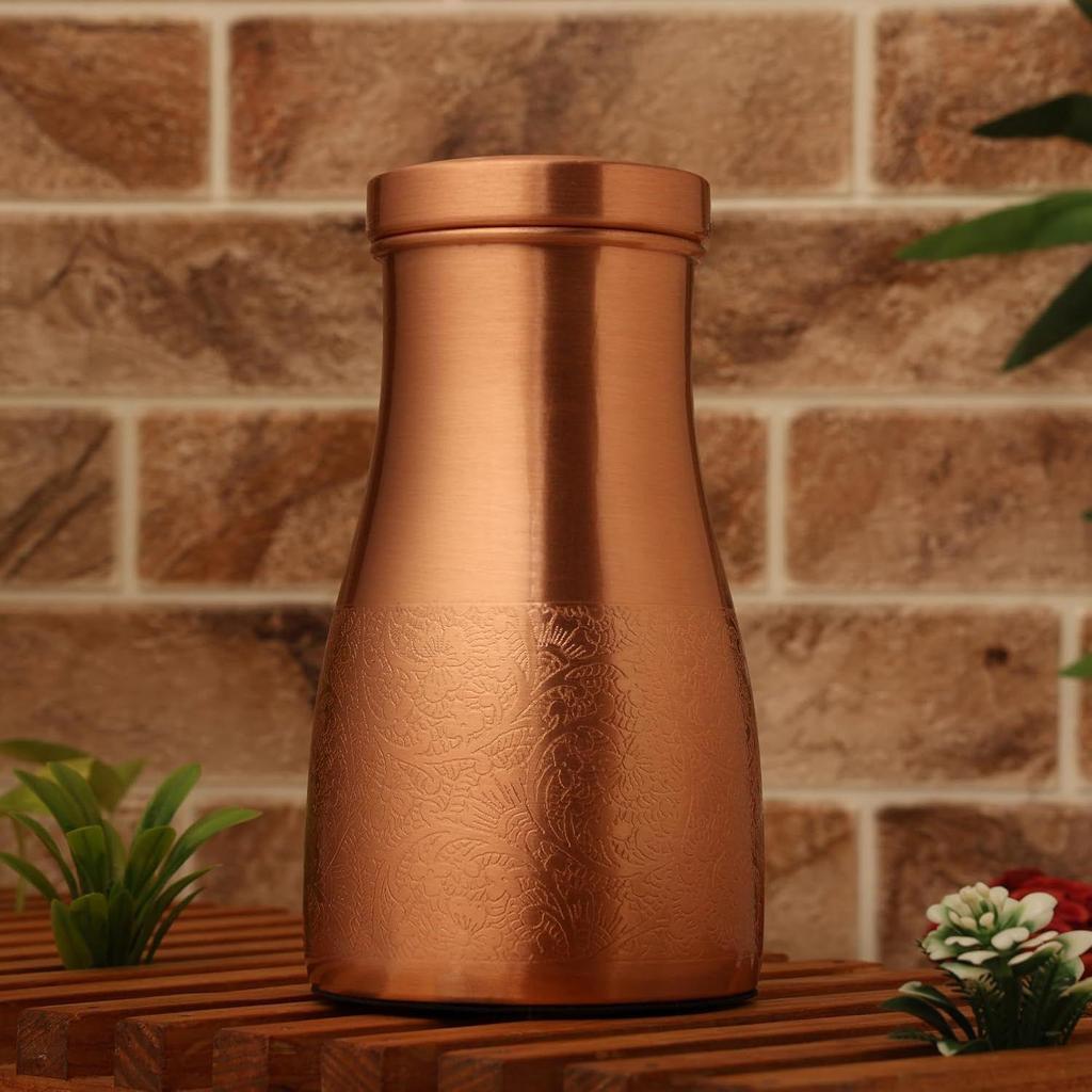 Copper Bedroom Jar with Inbuilt Glass | Carving Design | Handcrafted, Leakproof, Jointless | Ayurvedic Benefits, Antioxidant Properties | 1200 Ml
