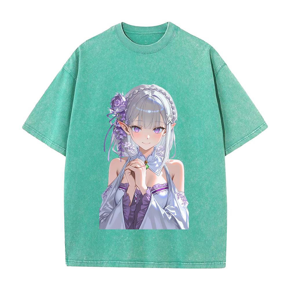 Re ZERO Starting Life In Another World Emilia Printed Tee Men Women Washed Cotton T-shirts Retro T Shirt Harajuku Unisex Tshirt