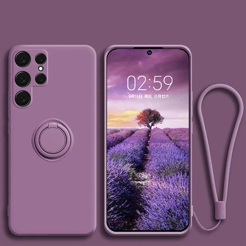 Per Samsung S24 Ultra Custodia per telefono con supporto ad anello in silicone liquido Per Galaxy S23 Plus S22 S21 FE Custodia con protezione per obiettivo della fotocamera Laccetto