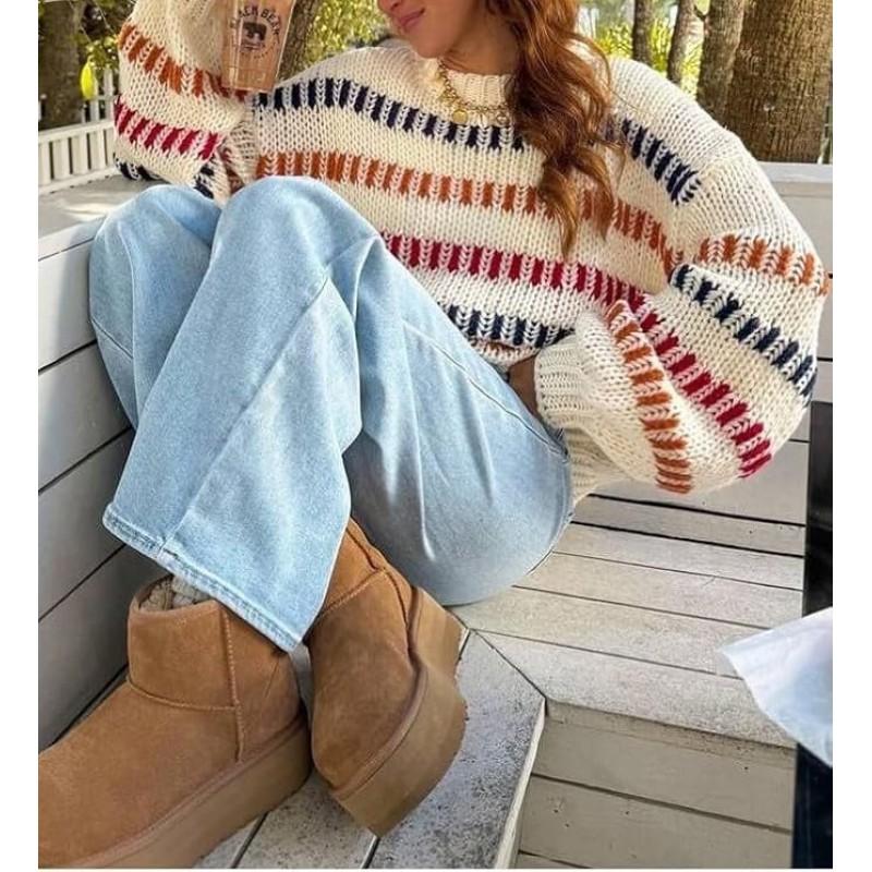 Womens Round Neck Color Block Knit Sweater Soft Comfortable Daily Commute Fashion Top