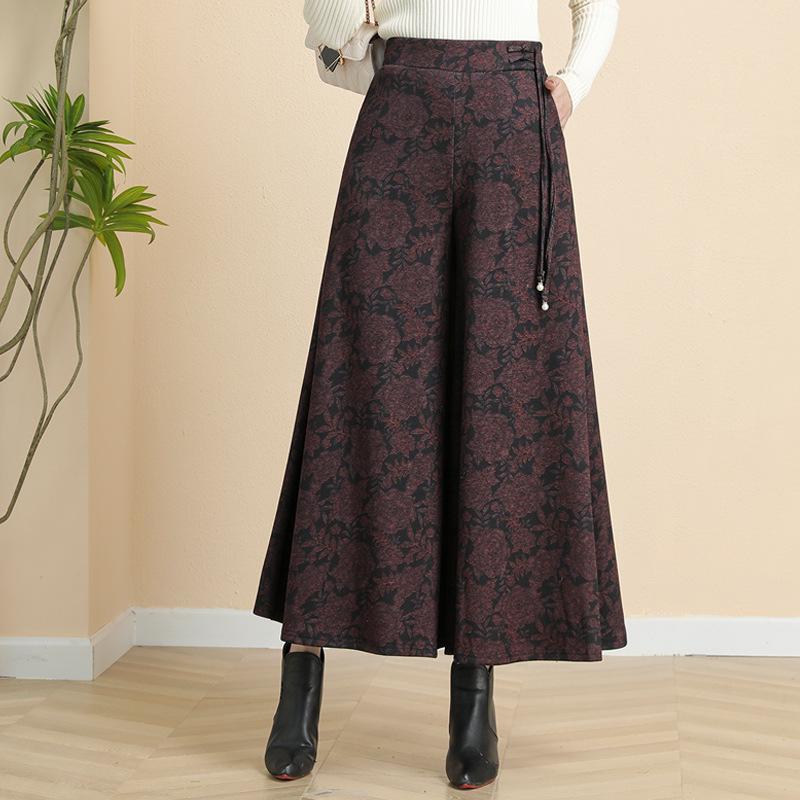 Women's Spring Elastic Waist High-Waist Wide Leg Culottes for Middle-Aged and Elderly