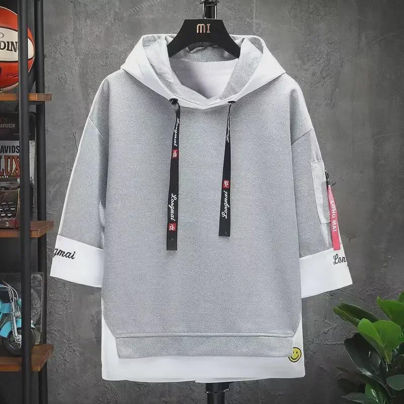 Trendy Hong Kong-Style Hooded Two-Piece Sweatshirt: Youth Loose-Fit 3/4 Sleeve Summer Top