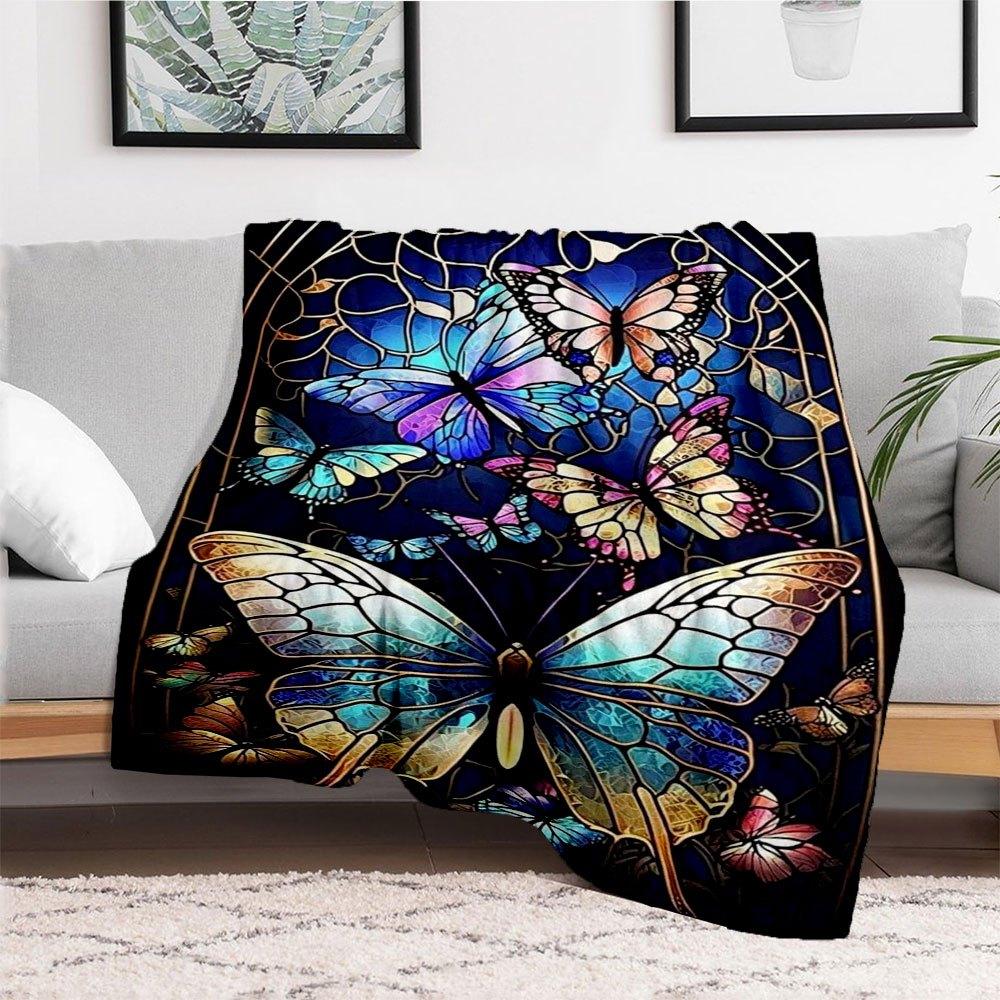 "Stained Glass Butterfly Window Art Decor"Blanket Flannel Throw Blanket for Sofa, Bed, Travel, Camping, Office, Couch, Chair, And Bed Gift f