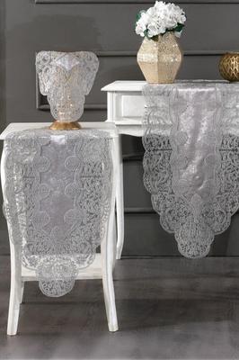 Sirma Velvet Runner Set 5-teilig für Wohnzimmer, französische Spitze, Hochzeit, Wohnaccessoires, grau