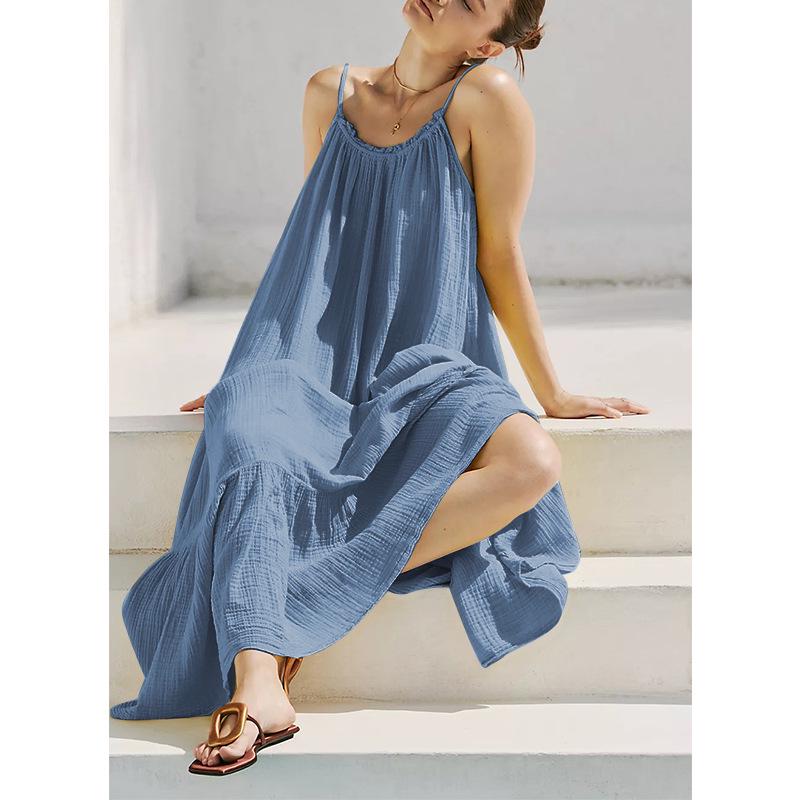 Summer Retro French Tea Break Cotton Camisole Dress - Textured, Skin-Friendly & Versatile Mid-Length with Frill