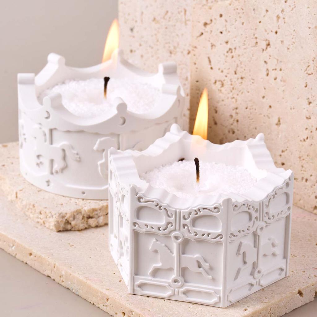 3D Carousel Pattern Candle Jar Silicone Mold DIY Octagon Round Vase Casting Molds Plaster Resin Storage Box Craft Making Home De