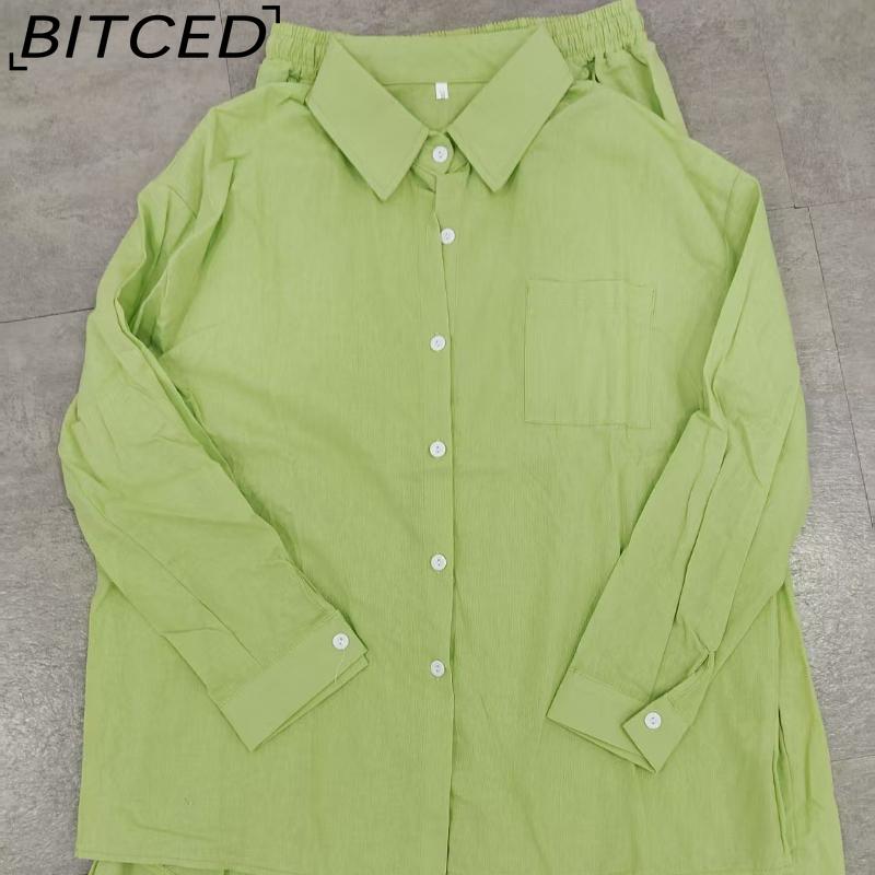 BITCED Women's 2-piece Vintage Plus-size Cotton and Linen Shirt Set High-waisted Loose Trousers