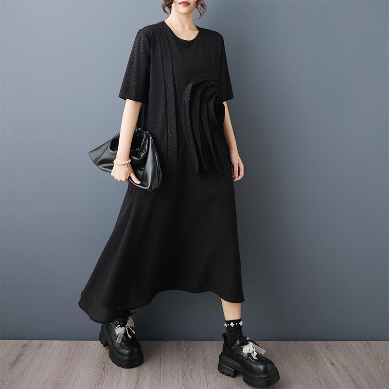 Short sleeve Plus size black vintage floral new in dresses for women casual loose long summer dress
