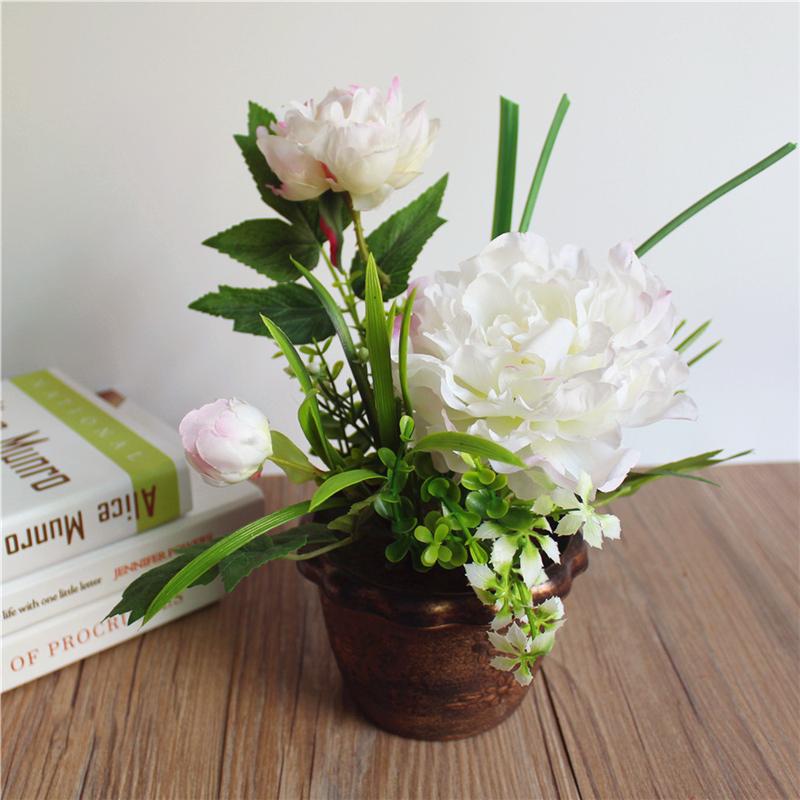 

1 Set Artificial Simulation Silk Peony Flowers + Green Plant Bonsai With Flower Potted Wedding Party Home Decoration молочный белый