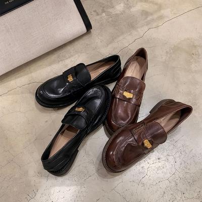 Premium Shrinkage Horse Leather Retro Single Shoes Polished Gold Coin Loafers Women'S Small Leather Shoes