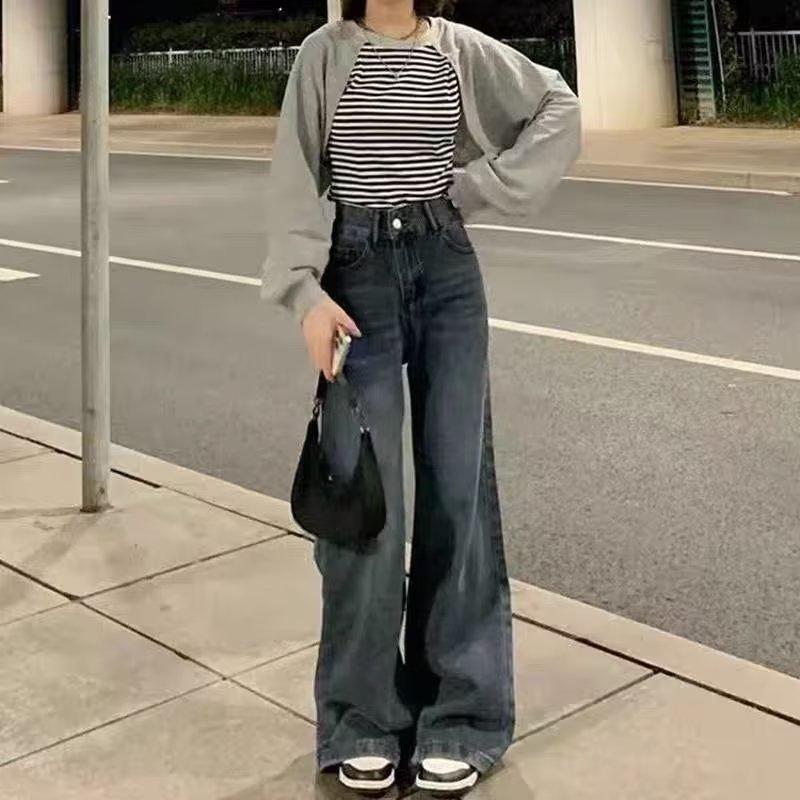 Women's American Retro Wide-Leg Jeans, High Waist, Straight Loose Fit, Floor-Length, Spring/Autumn 2023 Design 