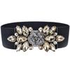 Women's Black Elastic Wide Waist Belt with Imitation Crystal Rose Decoration