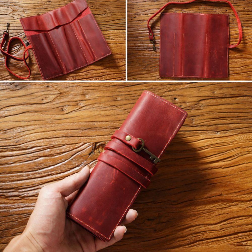 Multi-Compartment Pencil Roll Bag Cowhide Leather Vintage Cowhide Pencil Case Literary Style