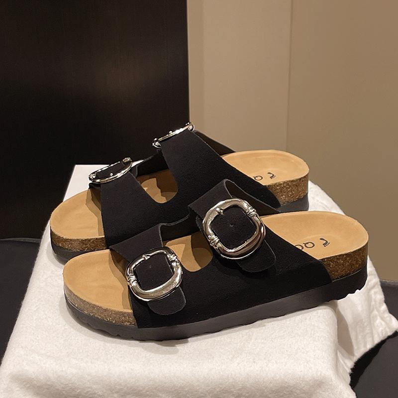 Fashion Fashion Platform Flat Slippers Summer New Round Head Open Toe Metal Buckle Anti-slip Wear-resistant Beach Sandals