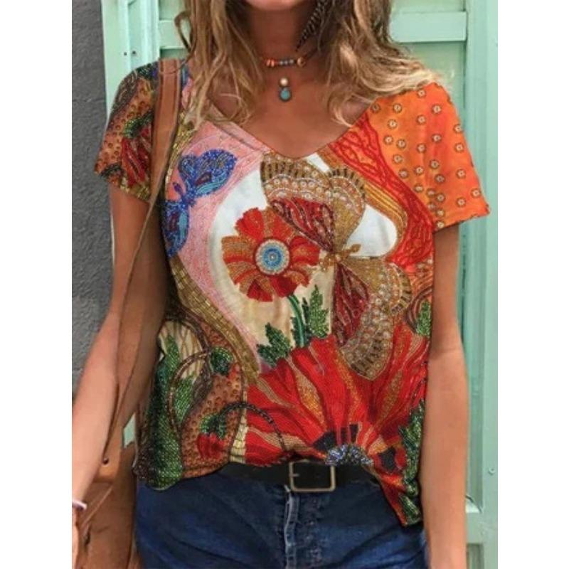 Sommer Schmetterling Libelle 3D V-Ausschnitt Bedruckt Neues Damen Top T-Shirt