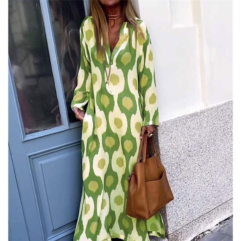 Langärmeliges V-Ausschnitt Kleid mit einzigartigem Druck für Damen