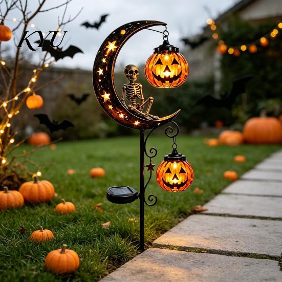 Waterproof Wrought Iron Lawn Ornaments Solar Halloween Metal Garden Stake Light, Auto On/Off Crescent Moon Black Cat with Hanging Powered Pathway