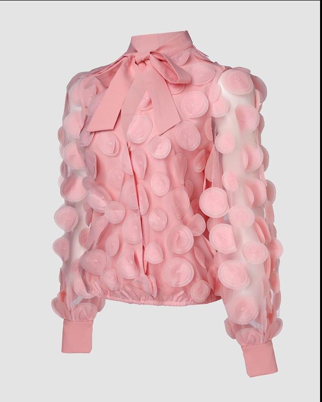 French Court Style 3D Floral Chiffon Blouse with Hollow Lantern Sleeves