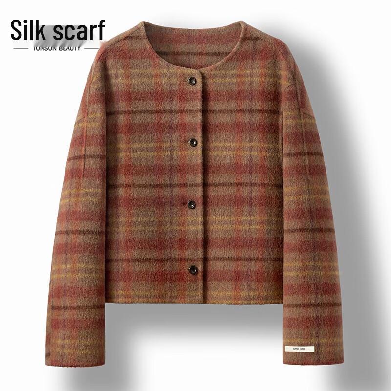 

Sibai She Women s Plaid Wool Blend Round Neck Short Jacket M