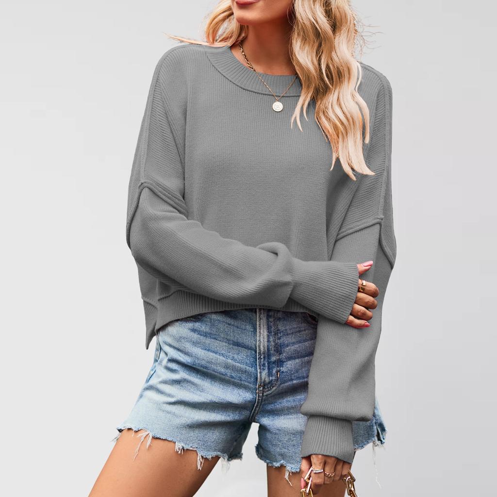 Women's Solid Striped Fashion Round Neck Knitwear Loose Pullover Sweater