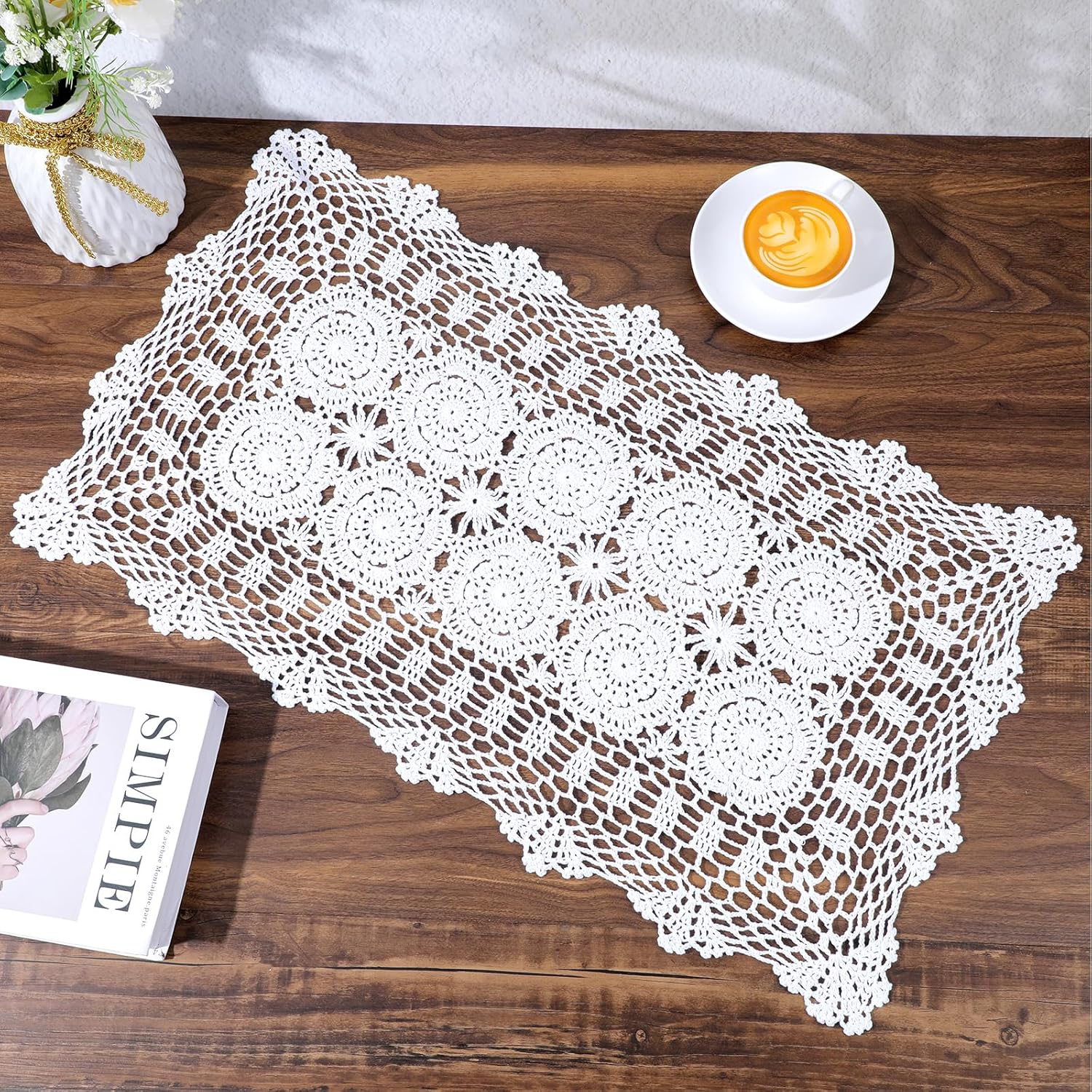 Кружевной дорожка на стол 15x28 дюймов Прямоугольная Хлопок Ручная работа Крючком Кружевная дорожка на стол Салфетки Шкаф-комод Шарфы Ручная работа Крючком Цветочные подставки под тарелки Крючки белый
