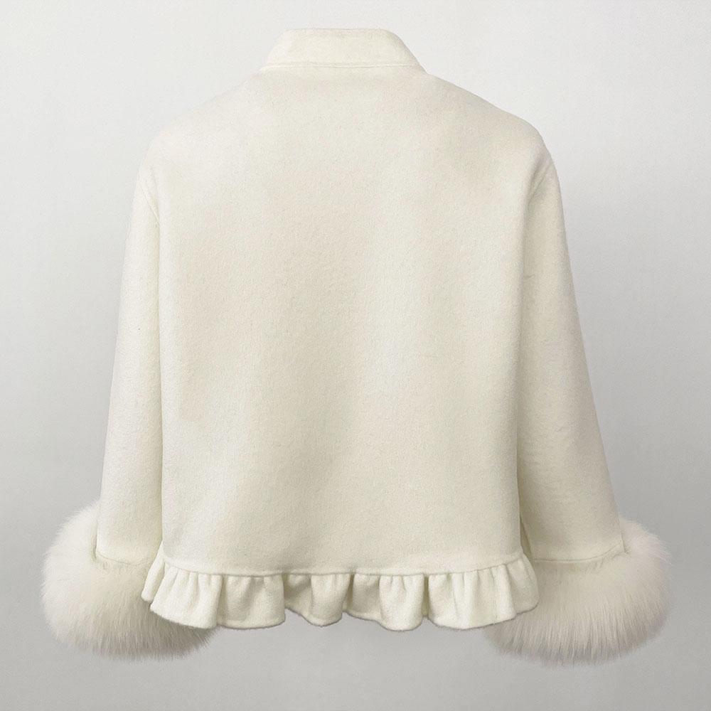 Luxuriöser Wintermode-Kurzrock 100 % doppelseitiger Wollmantel Gespleißte Ärmel aus natürlichem Fuchspelz Warme Freizeitjacke für Damen