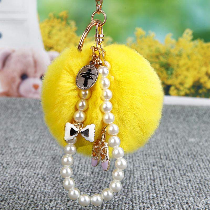 Fashion Pompom Keychain Number 5 Faux Fluffy Crystal Bottle Bow Pearl Chain Women handBag Car Key Chain Ring Keychains Jewelry