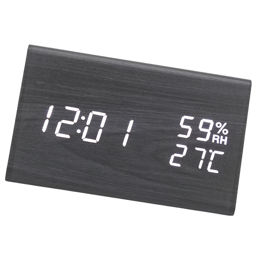 Wooden Digital Alarm Clock Triangular Voice Control Electronic LED Clock for Bedroom Office Black Wood White Letter