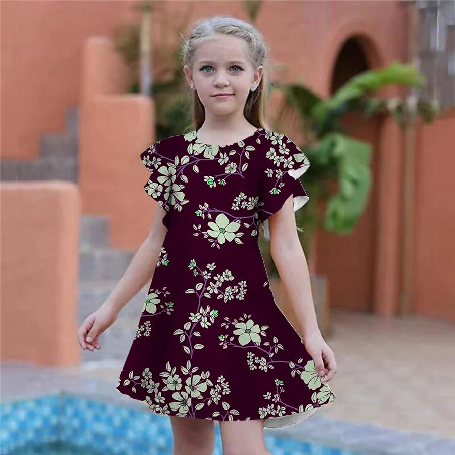 Dívčí šaty s potiskem oranžových květů Dětské Dívčí společenské šaty Volný střih Volný střih sukně s krátkým rukávem pro dívky starší čtyř let
