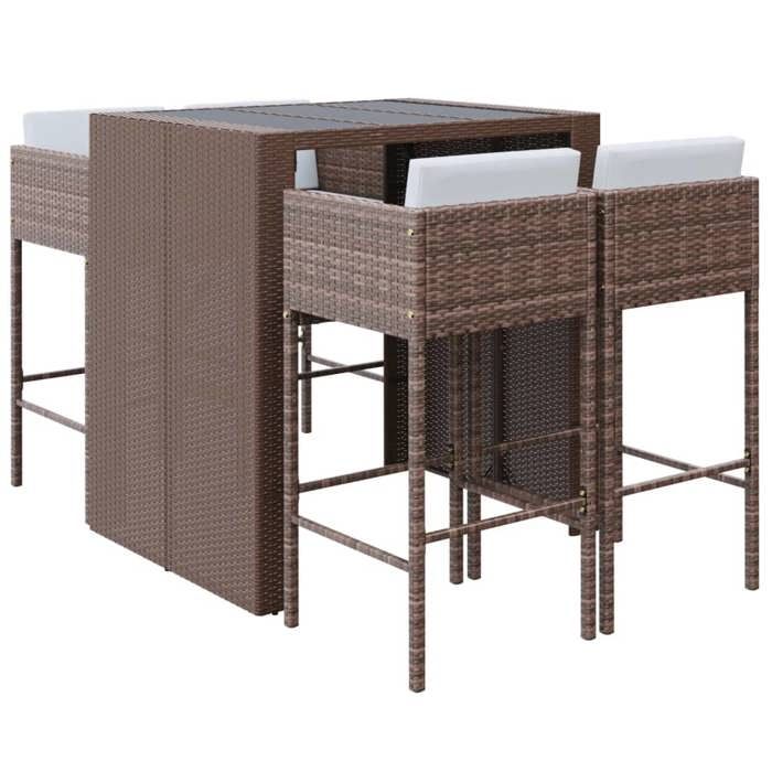 VidaXL Ensemble de bar de jardin avec coussins 5 pcs marron poly rotin, ensemble de table de bar, table et chaise de bar, 3200669