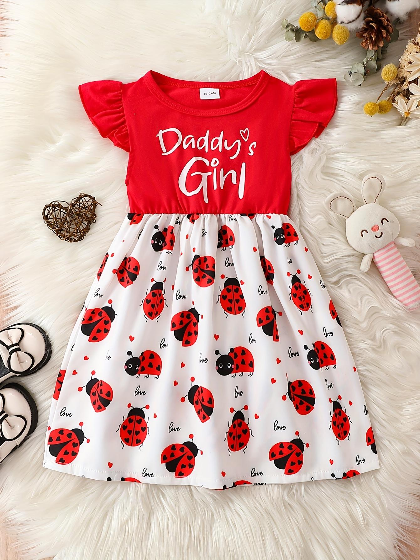Kids Ladybug Dress Summer Girls 1-6Yrs Short Sleeve Heart Print Patchwork Ruffled Waist A-Line 18-24M