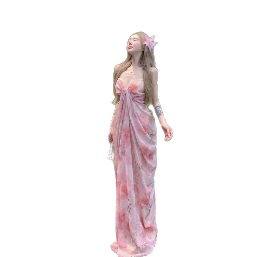 Seaside Vacation High-end Beach Dress Pure Desire Sexy Pink Floral Suspender Dress Women's Floor Skirt