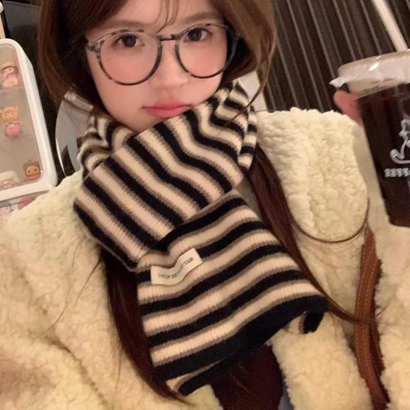 Soft Knitted Scarf Women Winter Warm Thick Stripe Neck Warmer Korean Style Cute Student Accessory