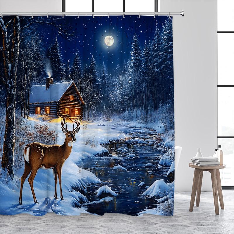 Winter Forest Elk Shower Curtain Snow Whitetail Deer Streams Farmhouse Cedar Christmas Home Bathroom Decor Bath Curtains Set