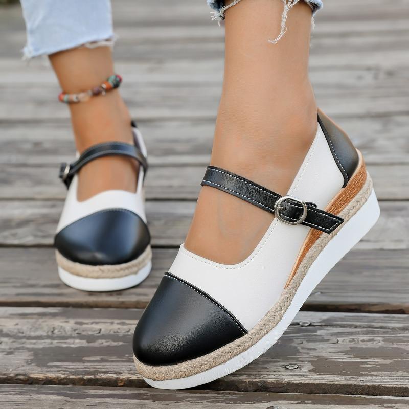 Wedge Single Shoes Fashion Round Toe Shallow Mouth One Strap Straw Sole Lightweight Non-Slip Low Top Shoes