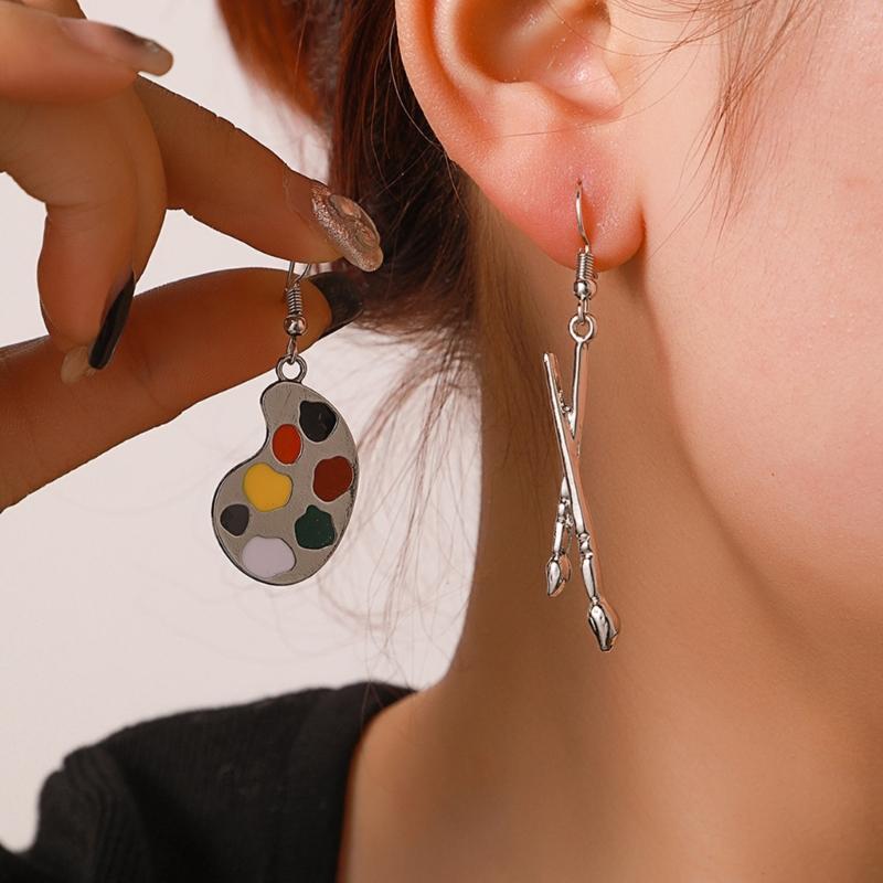Artist Palette and Paintbrush Drop Earrings for Women, Polished Alloy French Hook Jewelry for Commute Styling