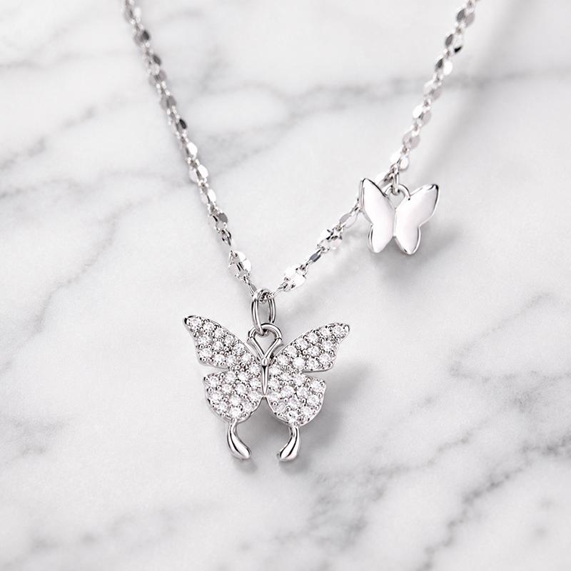 Exquisite Micro Inlaid Zircon Double Butterfly Pendant Necklace for Women Silver Color Dainty Clavicle Chain Fashion Pendant Jewelry Gift