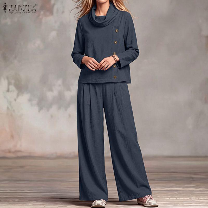 ZANZEA Womens Vintage 2PCS Sets Cowl Neck Blouse and Wide Leg Trousers Casual Loose Suit Autumn Spring Outfits