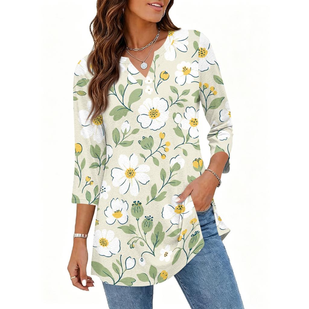 Womens Casual V Neck 3/4 Sleeve Pullover Tunic Top Floral Print Mid Length Blouse Lightweight Comfortable Fit